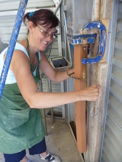 Linda getting into the terracotta blocks
